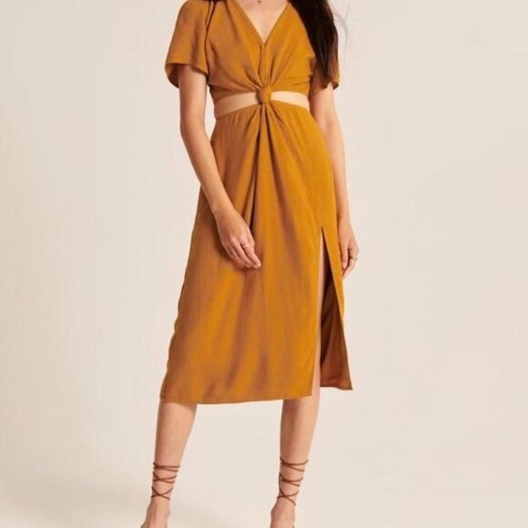 Abercrombie & Fitch Midi Dress Womens‎ Small mustard Knotted Front Cutout V Neck - Picture 3 of 14
